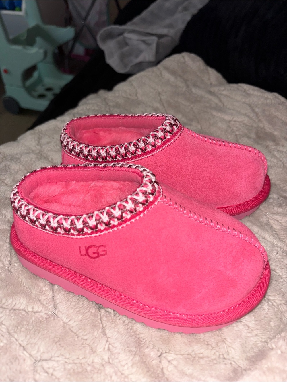 UGG Hot Pink Suede Shearling Slip-On Clogs